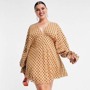 ASOS Curve | Velvet Flocked Spot Blouson Sleeve Mini Dress in Caramel | 16